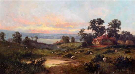 Sidney Yates Johnson (fl.1901-1910) Pastoral landscape at sunset 17.5 x 31.5in.